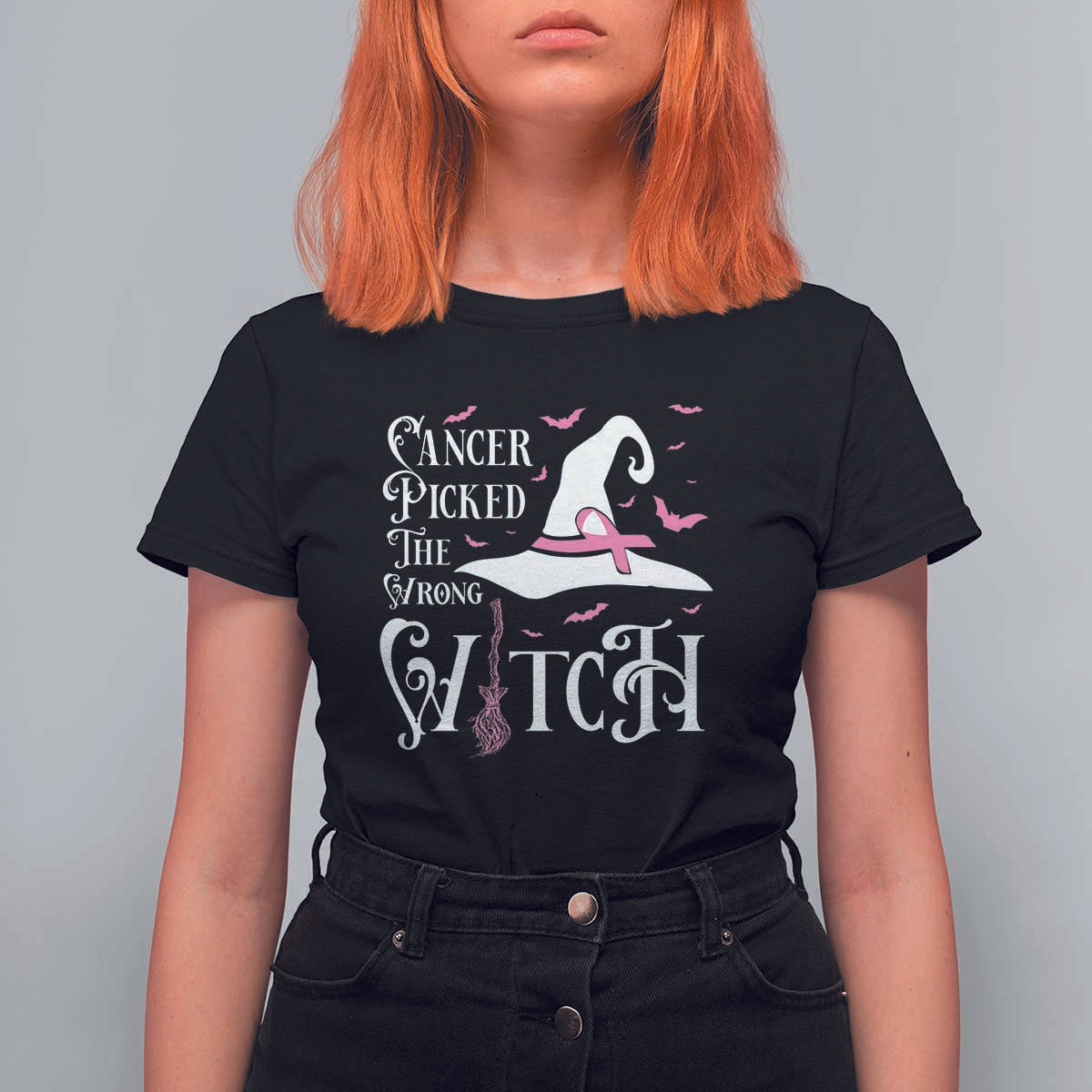 Breast Cancer Awareness T Shirt For Women Cancer Picked The Wrong Witch Hat Broom Bat Pink Ribbon - Wonder Print Shop