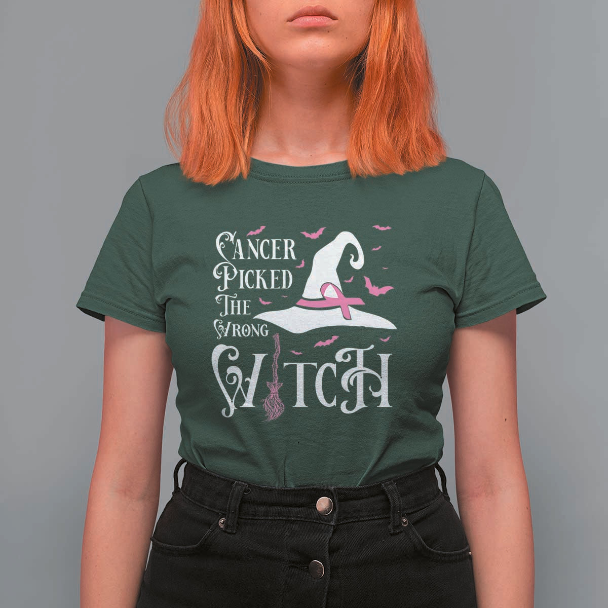 Breast Cancer Awareness T Shirt For Women Cancer Picked The Wrong Witch Hat Broom Bat Pink Ribbon - Wonder Print Shop