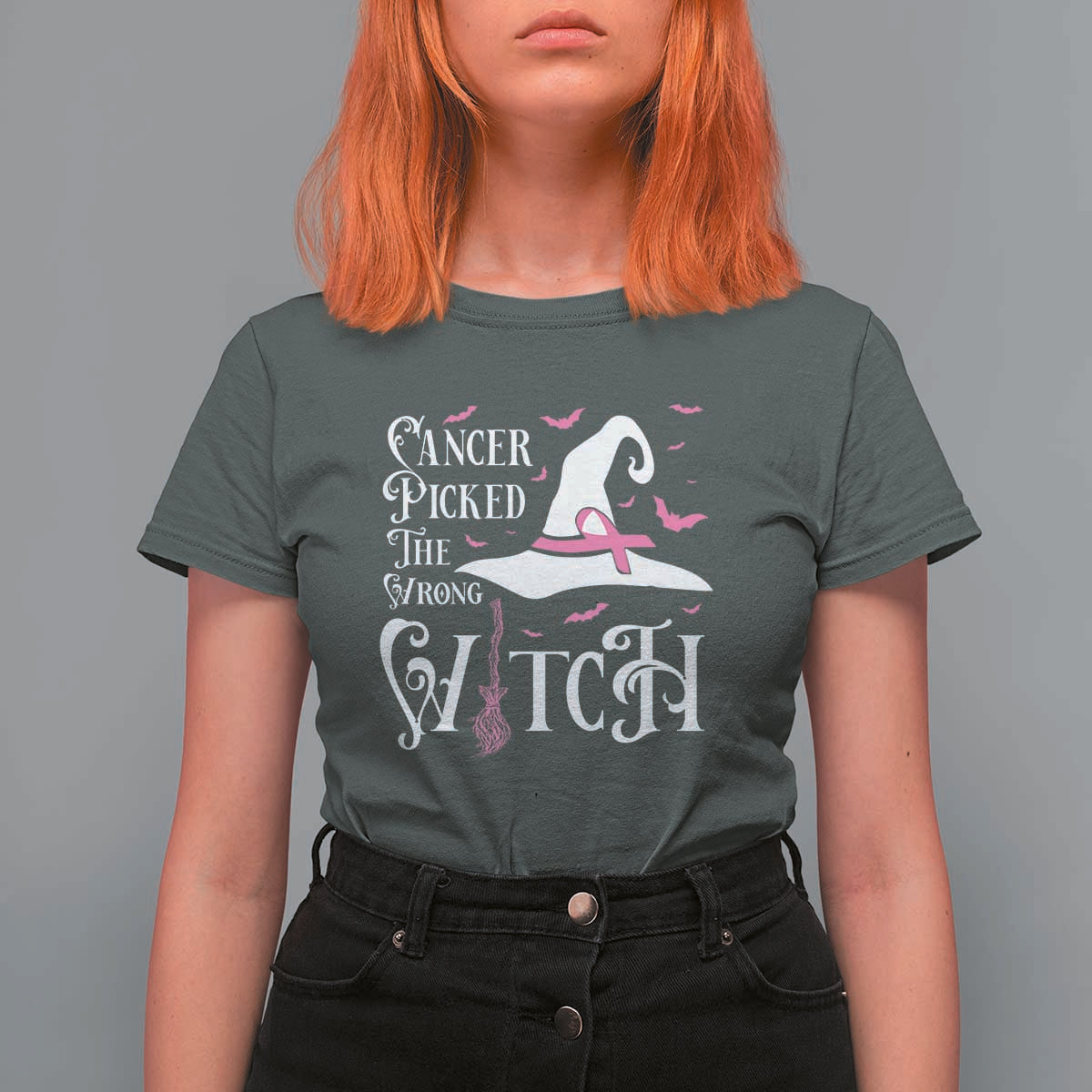 Breast Cancer Awareness T Shirt For Women Cancer Picked The Wrong Witch Hat Broom Bat Pink Ribbon - Wonder Print Shop