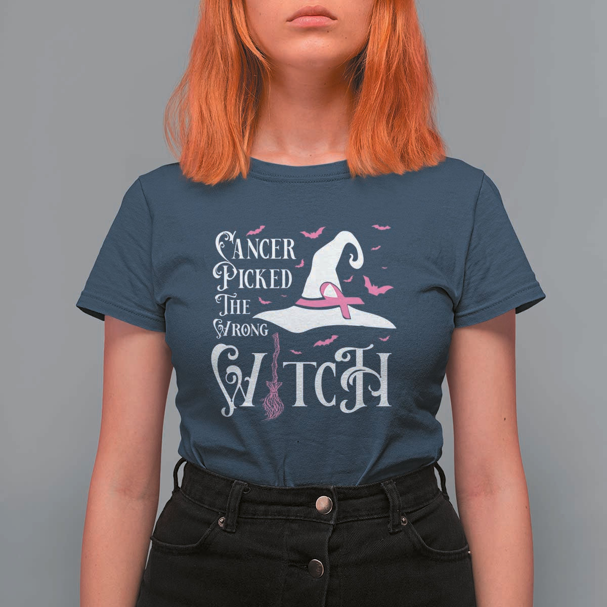 Breast Cancer Awareness T Shirt For Women Cancer Picked The Wrong Witch Hat Broom Bat Pink Ribbon - Wonder Print Shop