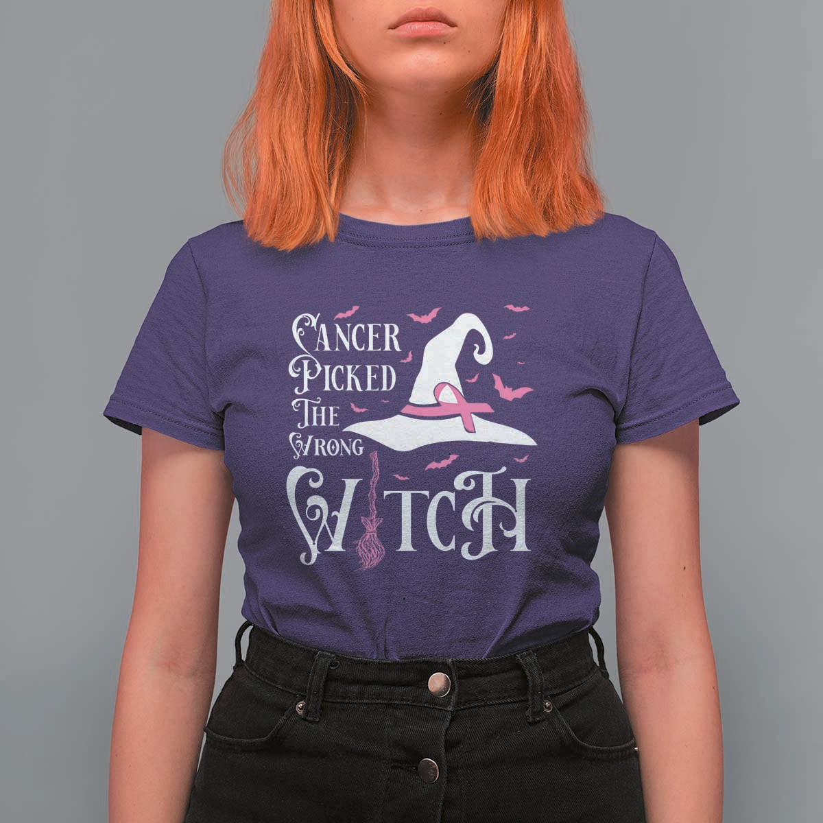 Breast Cancer Awareness T Shirt For Women Cancer Picked The Wrong Witch Hat Broom Bat Pink Ribbon - Wonder Print Shop