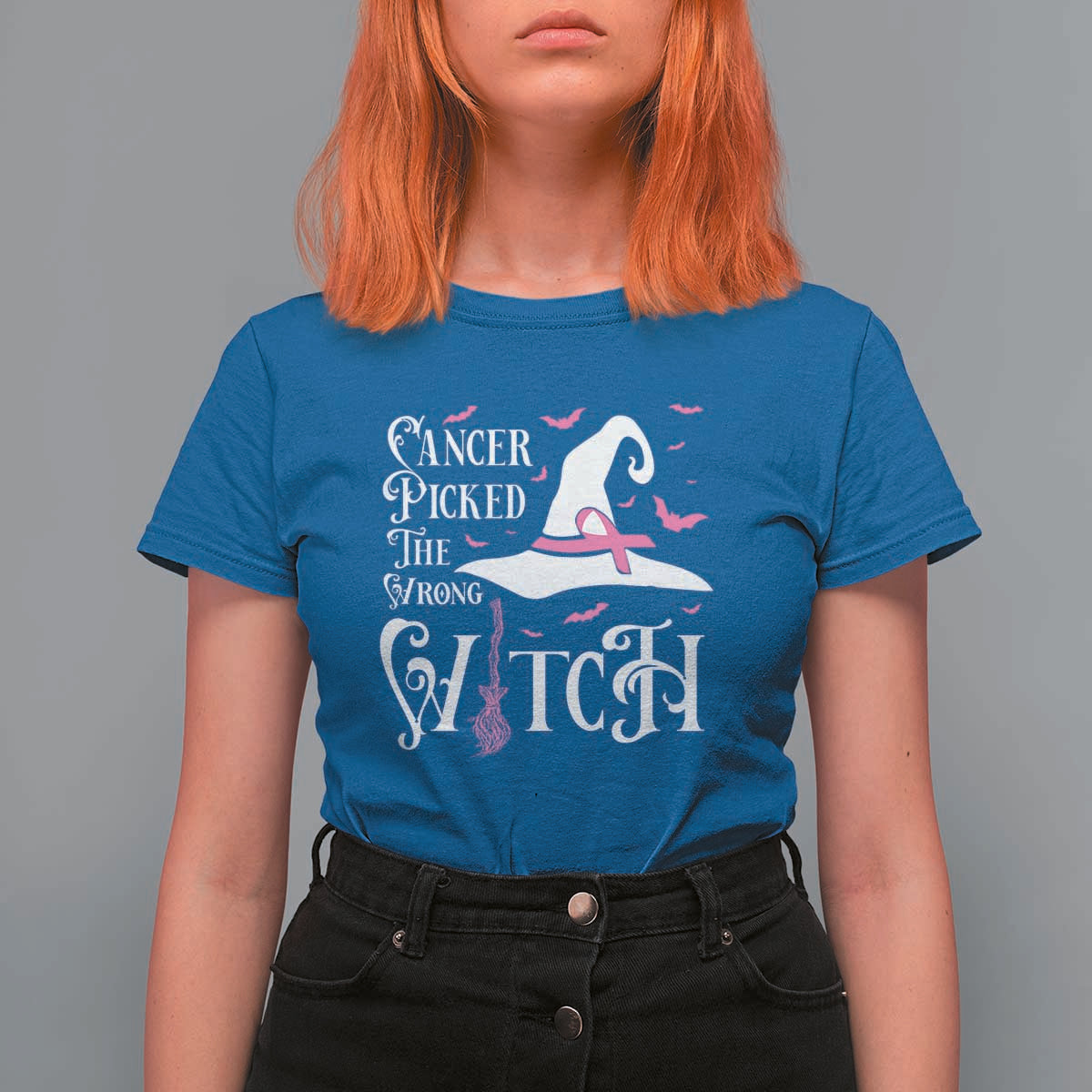 Breast Cancer Awareness T Shirt For Women Cancer Picked The Wrong Witch Hat Broom Bat Pink Ribbon - Wonder Print Shop