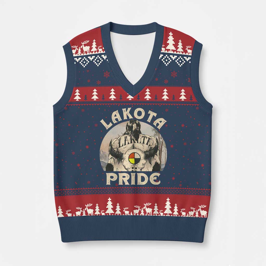 Native American V-Neck Knit Sweater Vest Lakota Pride Medicine Wheel Cow Skull - Wonder Print Shop