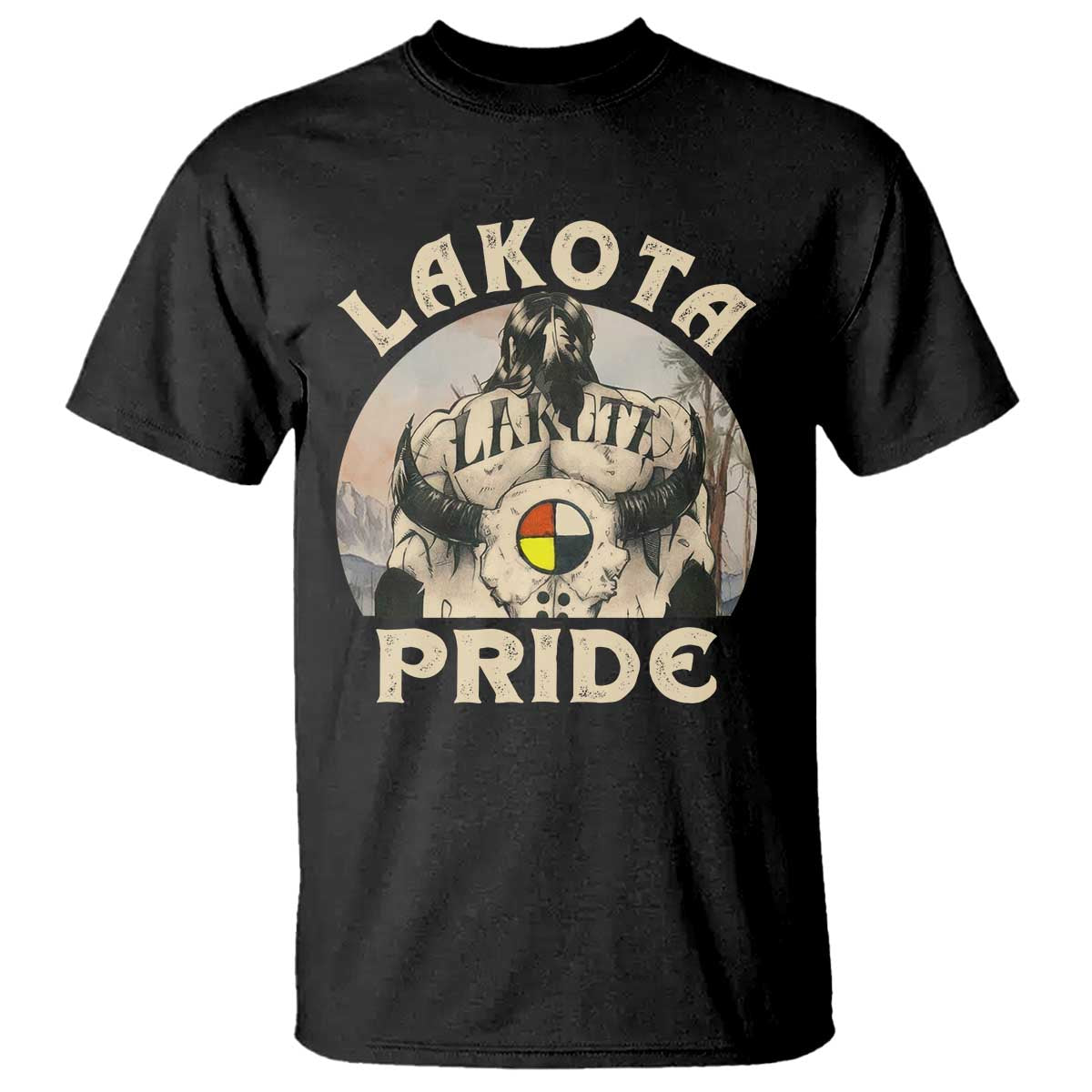 Native American T Shirt Lakota Pride Medicine Wheel Cow Skull - Wonder Print Shop