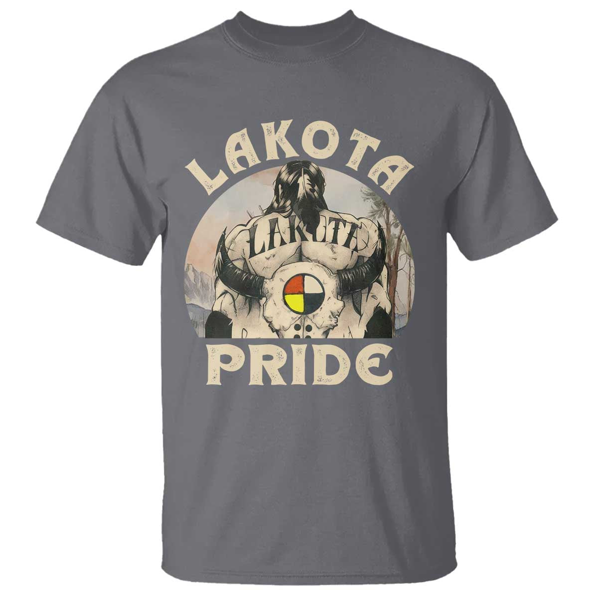 Native American T Shirt Lakota Pride Medicine Wheel Cow Skull - Wonder Print Shop