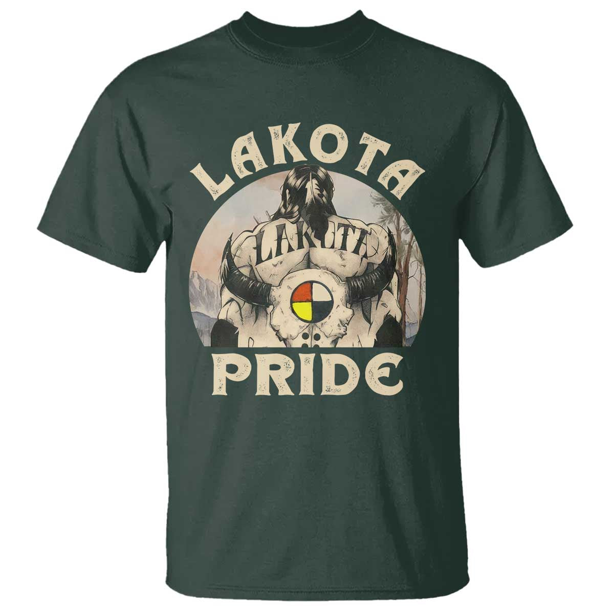 Native American T Shirt Lakota Pride Medicine Wheel Cow Skull - Wonder Print Shop