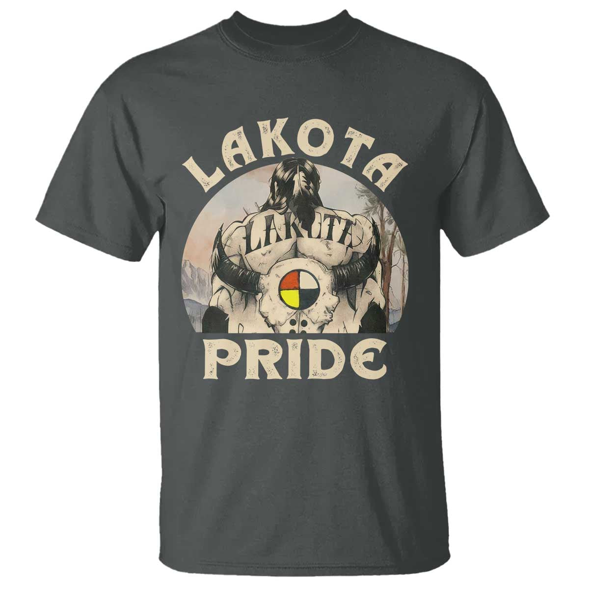 Native American T Shirt Lakota Pride Medicine Wheel Cow Skull - Wonder Print Shop