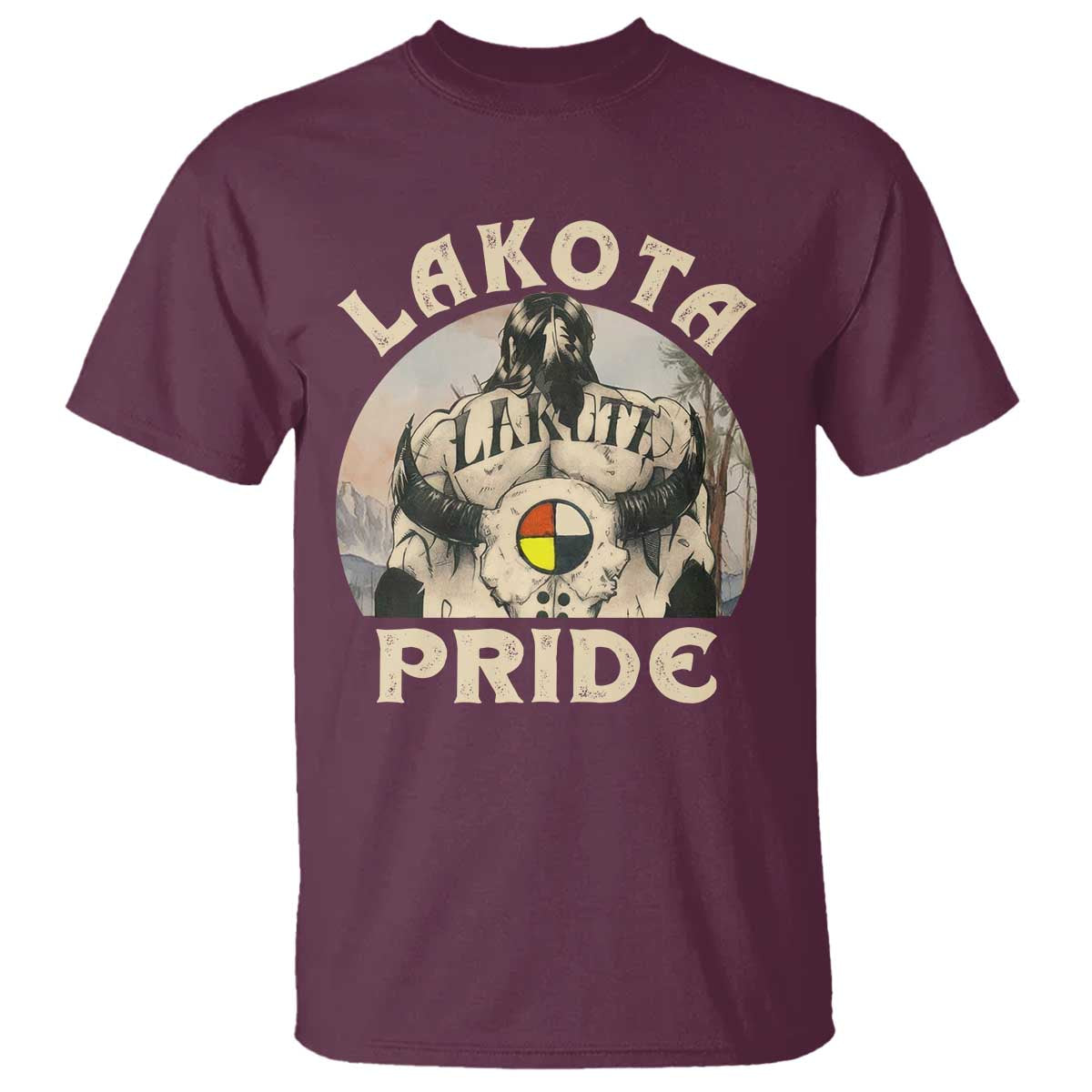 Native American T Shirt Lakota Pride Medicine Wheel Cow Skull - Wonder Print Shop
