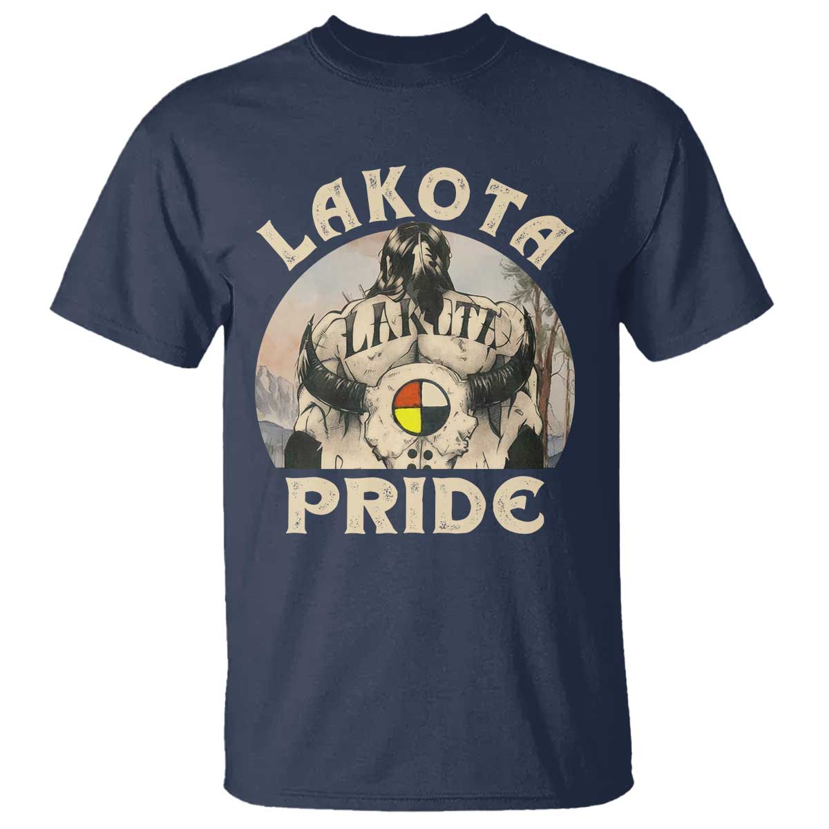 Native American T Shirt Lakota Pride Medicine Wheel Cow Skull - Wonder Print Shop