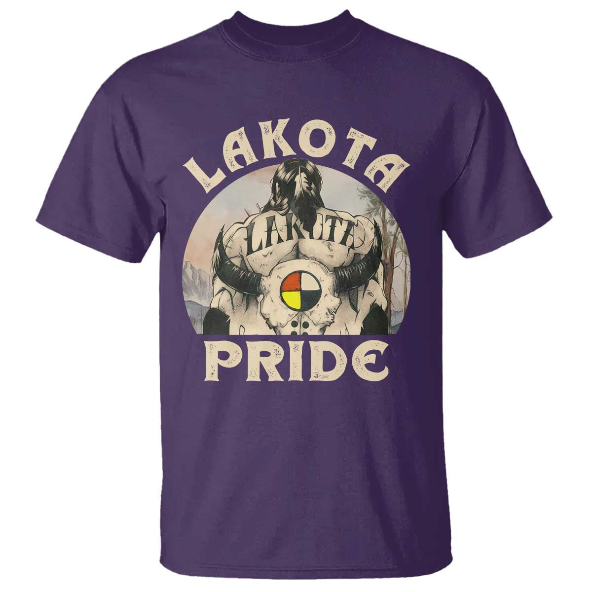 Native American T Shirt Lakota Pride Medicine Wheel Cow Skull - Wonder Print Shop