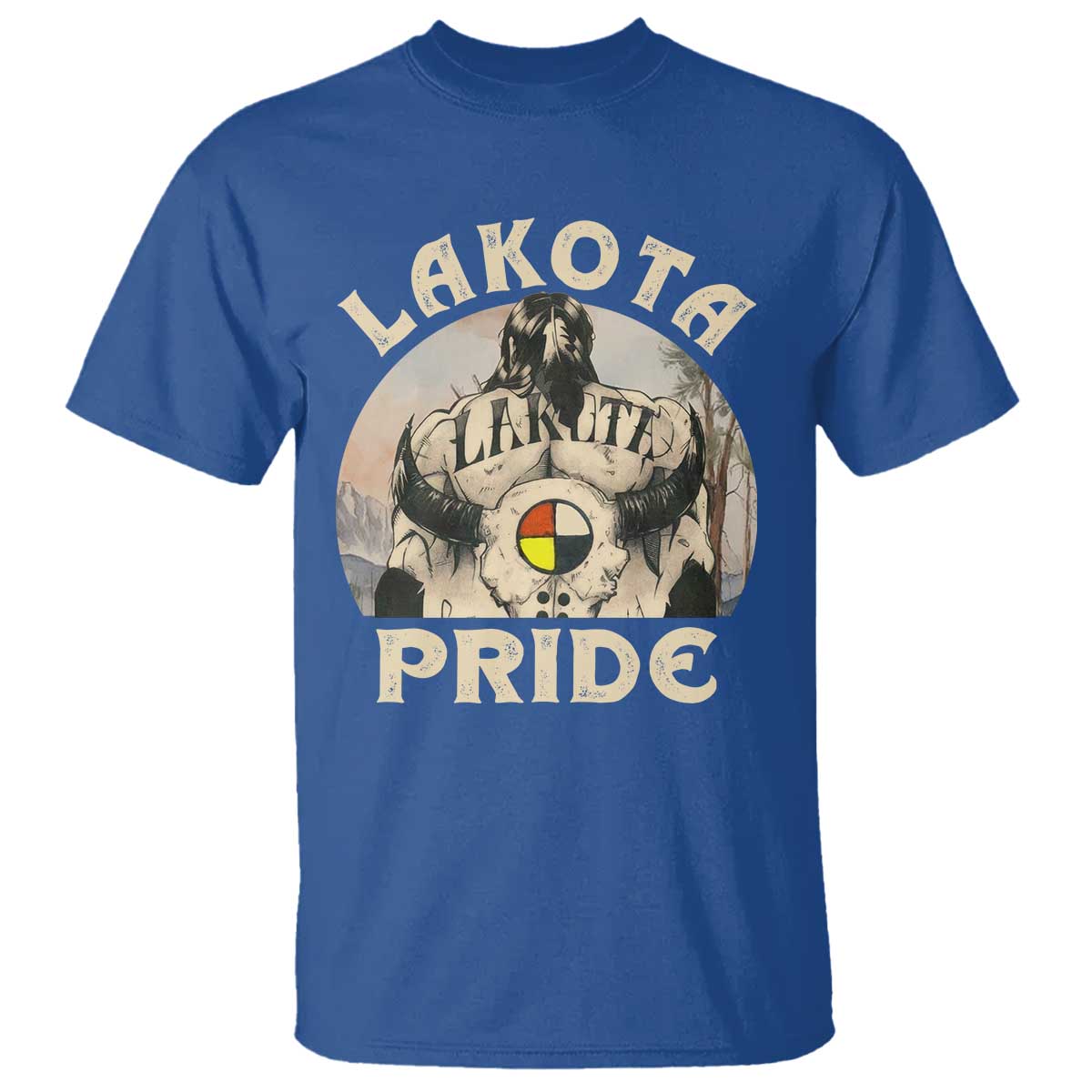 Native American T Shirt Lakota Pride Medicine Wheel Cow Skull - Wonder Print Shop