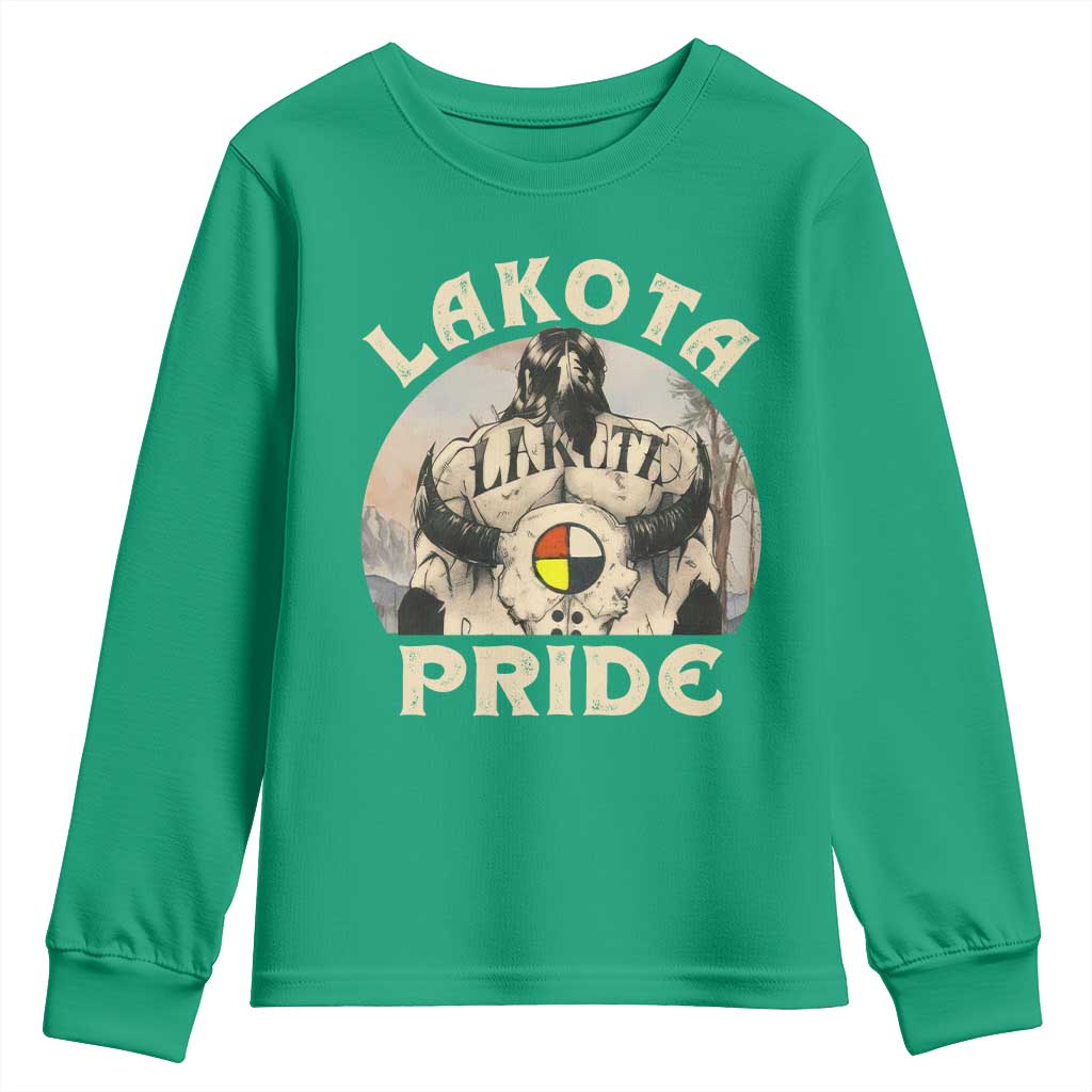 Native American Youth Sweatshirt Lakota Pride Medicine Wheel Cow Skull - Wonder Print Shop