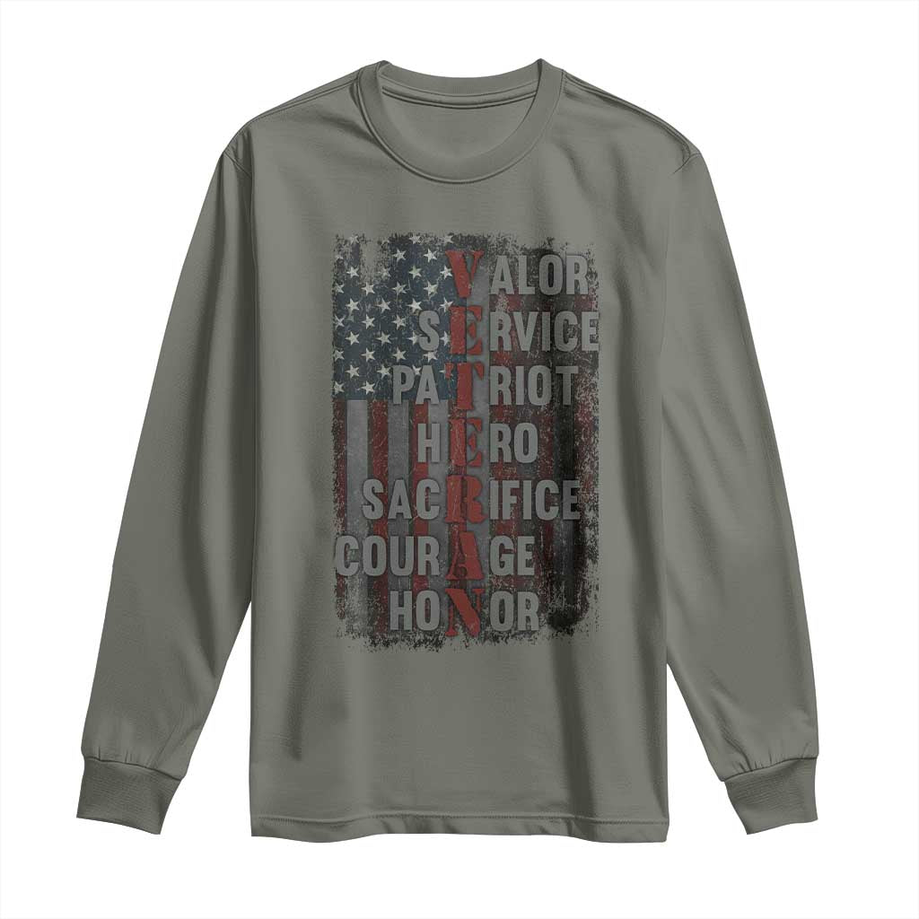 Veterans Valor Service Patriot Hero Sacrifice Courage Honor Long Sleeve Shirt American Flag - Wonder Print Shop