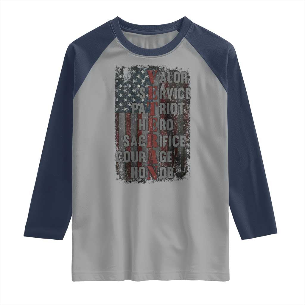 Veterans Valor Service Patriot Hero Sacrifice Courage Honor Raglan Shirt American Flag - Wonder Print Shop