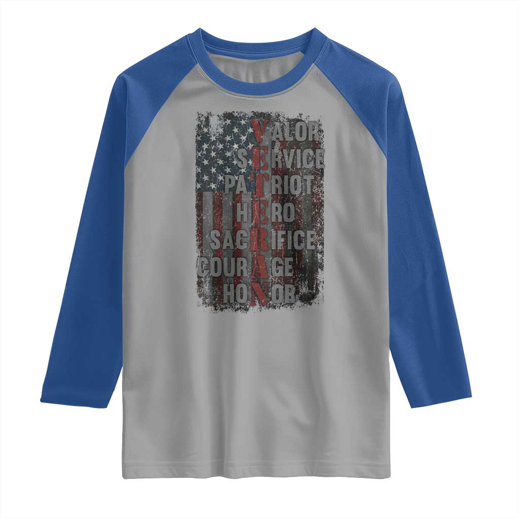 Veterans Valor Service Patriot Hero Sacrifice Courage Honor Raglan Shirt American Flag - Wonder Print Shop
