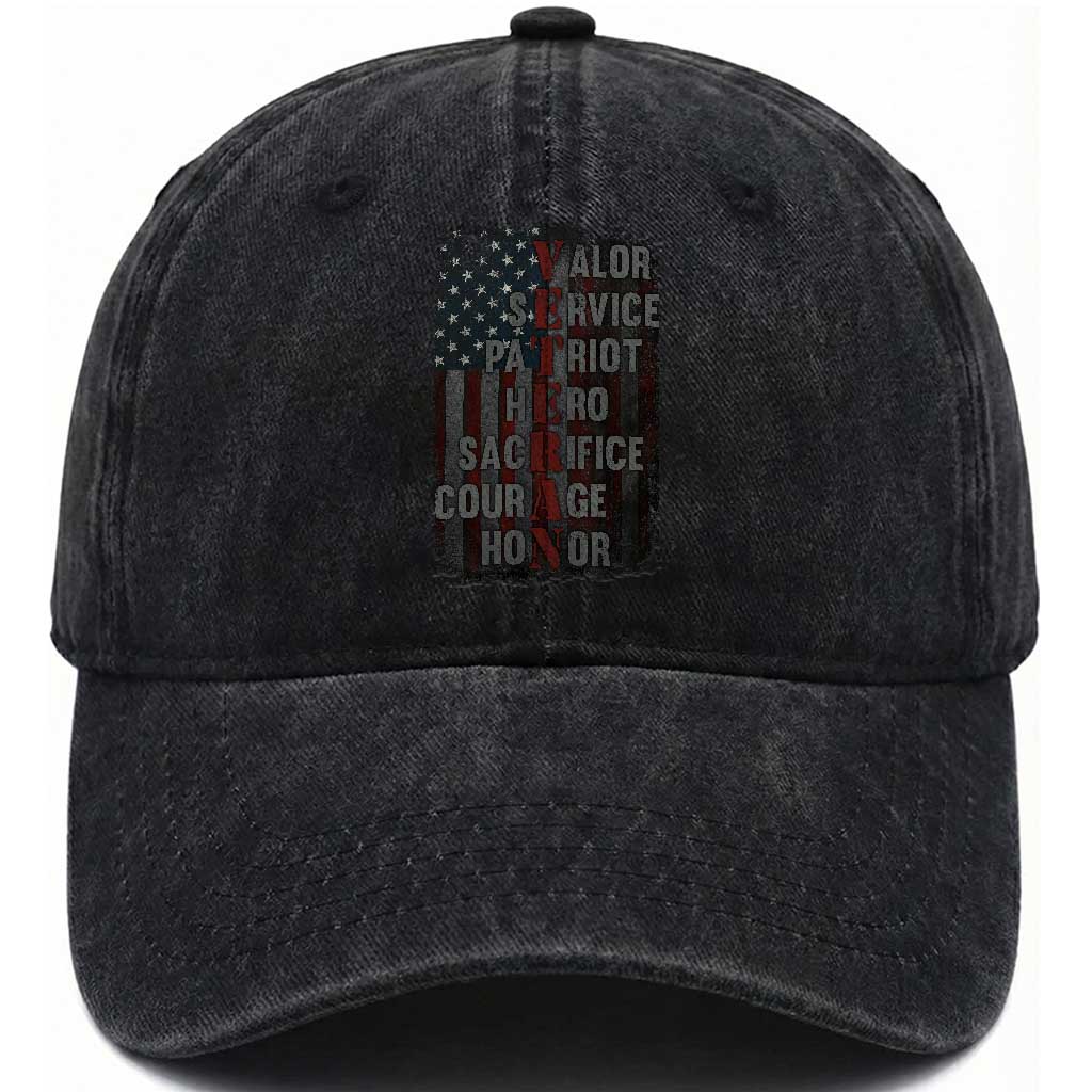 Veterans Valor Service Patriot Hero Sacrifice Courage Honor Washed Cotton Baseball Cap American Flag