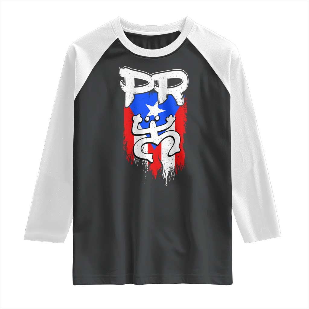 Puerto Rico Flag Hispanic Heritage Month Boricua Taino Coqui Frog Raglan Shirt - Wonder Print Shop