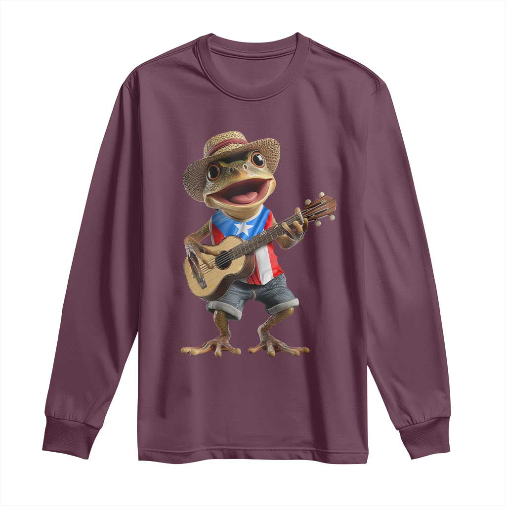 Puerto Rico Coqui Frog Puerto Rican Flag Taino Boricua Guitar Long Sleeve Shirt - Wonder Print Shop