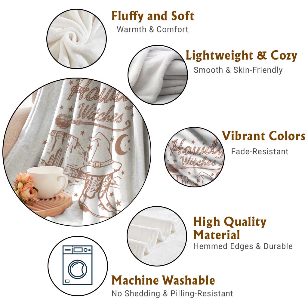 Halloween Cowgirl Throw Blanket Howdy Witches Retro Cowboy Boots Witch Hat Broom - Wonder Print Shop