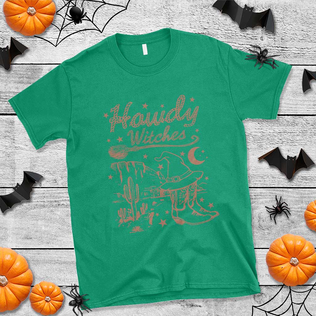 Halloween Cowgirl T Shirt Howdy Witches Retro Cowboy Boots Witch Hat Broom - Wonder Print Shop