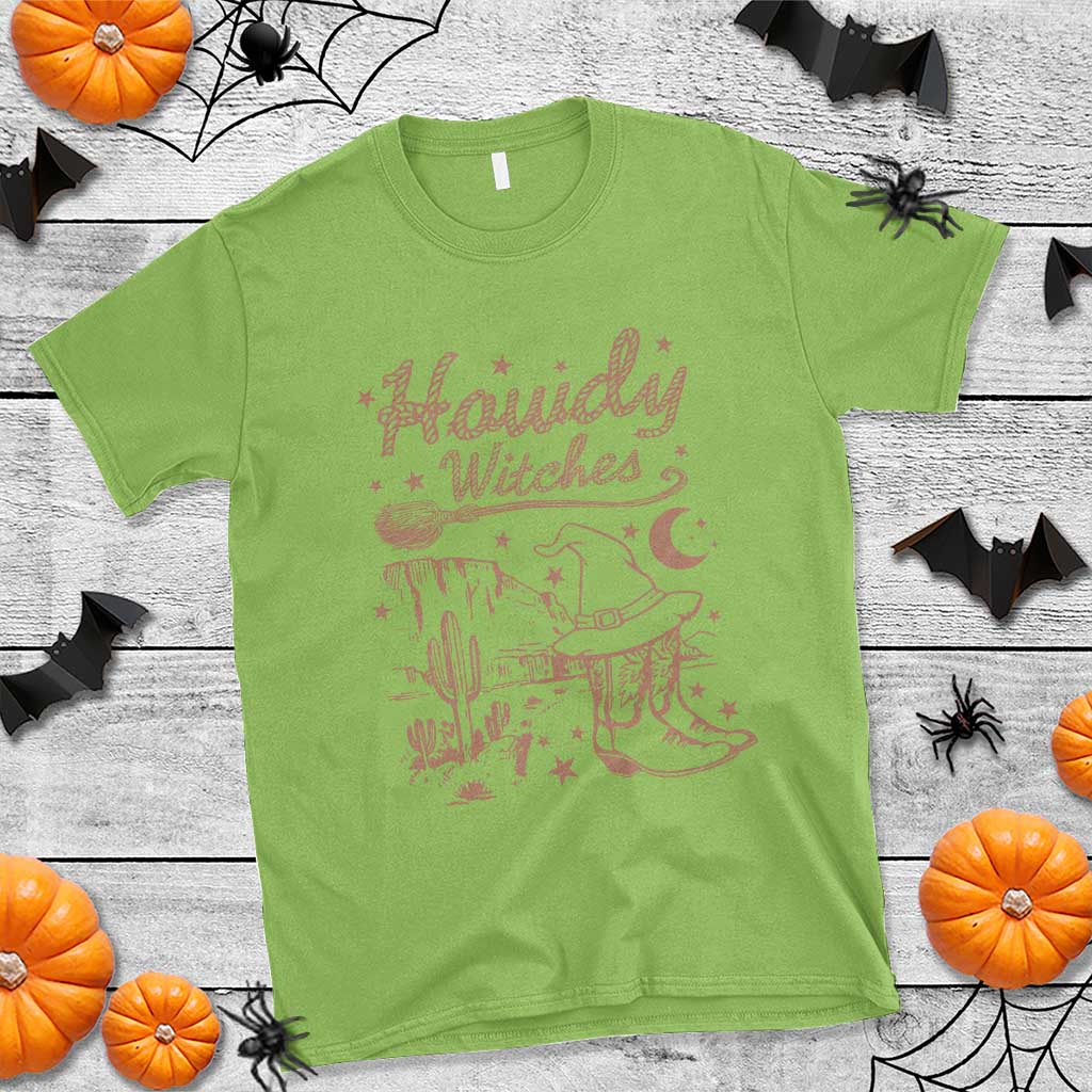 Halloween Cowgirl T Shirt Howdy Witches Retro Cowboy Boots Witch Hat Broom - Wonder Print Shop
