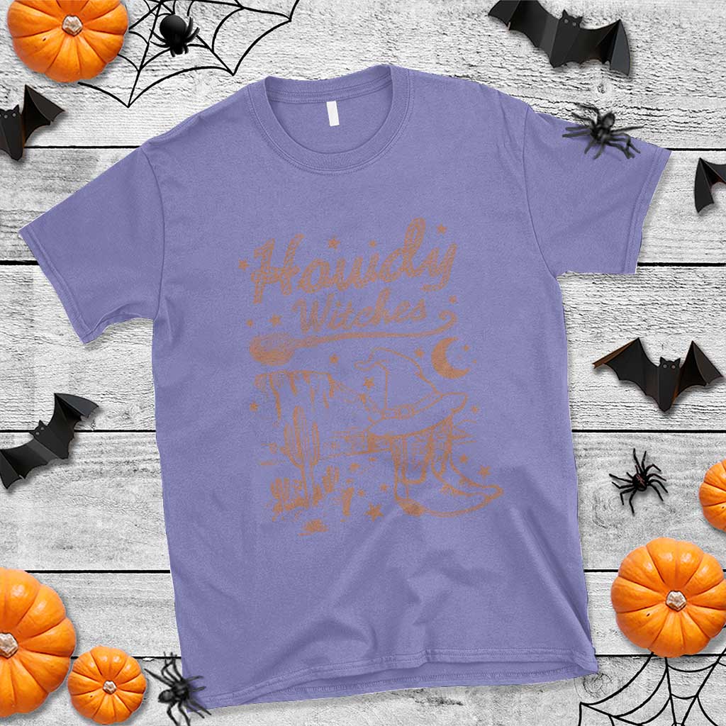 Halloween Cowgirl T Shirt Howdy Witches Retro Cowboy Boots Witch Hat Broom - Wonder Print Shop