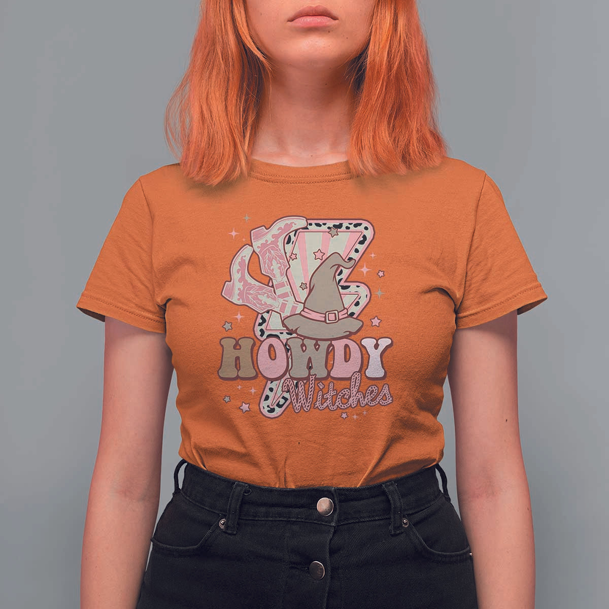 Halloween Cowgirl T Shirt For Women Howdy Witches Cowboy Boots Witch Hat Thunder - Wonder Print Shop