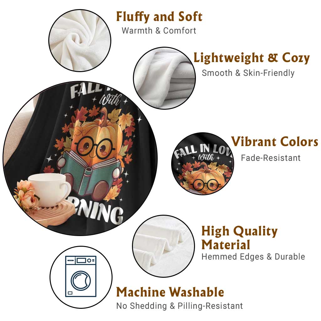 Funny Teacher Throw Blanket Fall In Love With Learning Autumn Pumpkin Reading Thanksgiving Pumpkin - Wonder Print Shop