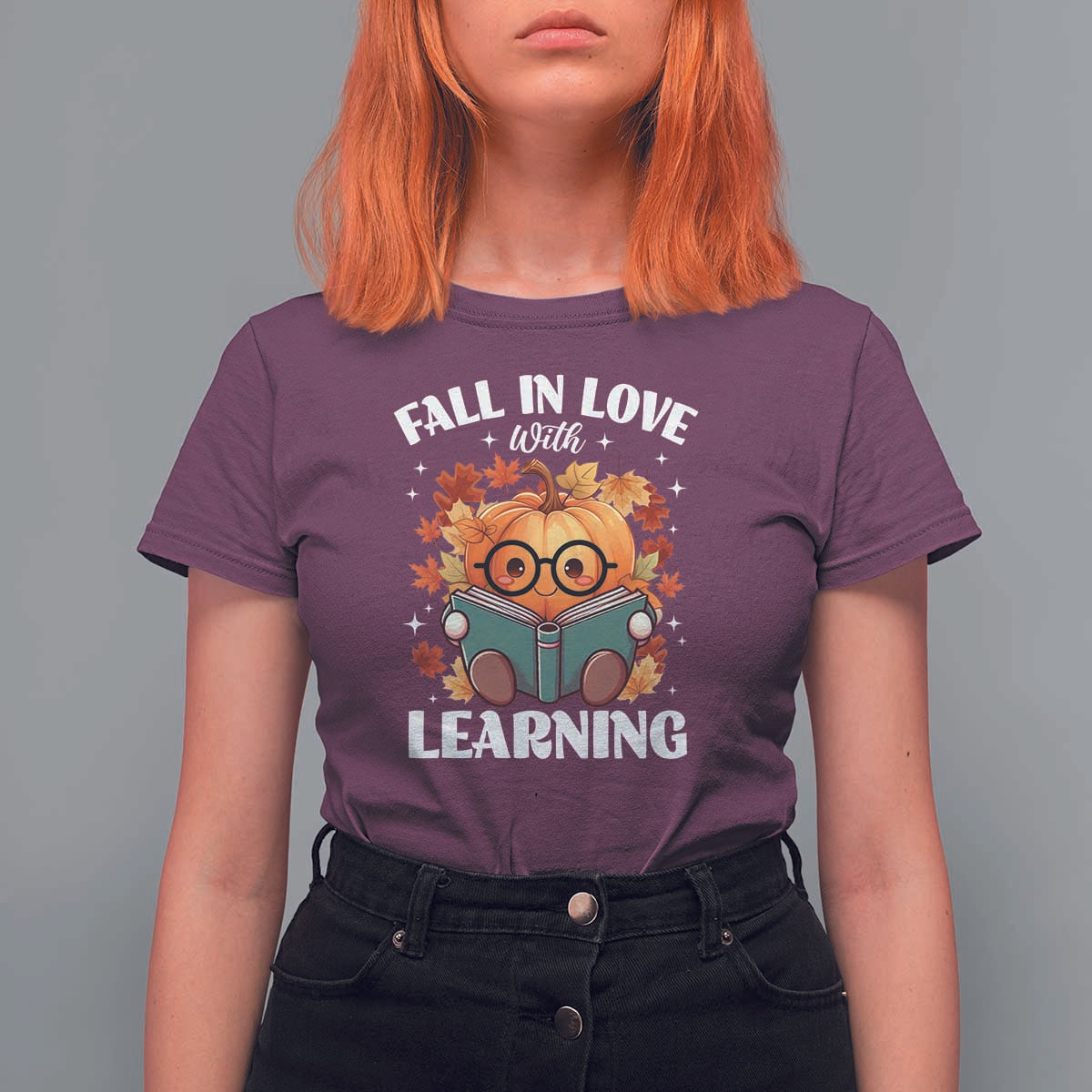 Funny Teacher T Shirt For Women Fall In Love With Learning Autumn Pumpkin Reading Thanksgiving Pumpkin - Wonder Print Shop