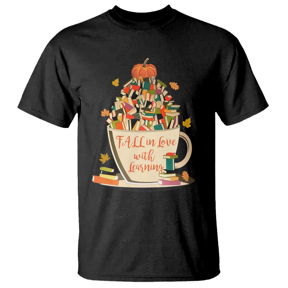 Funny Teacher T Shirt Fall In Love With Learning Autumn Pumpkin Reading Thanksgiving - Wonder Print Shop