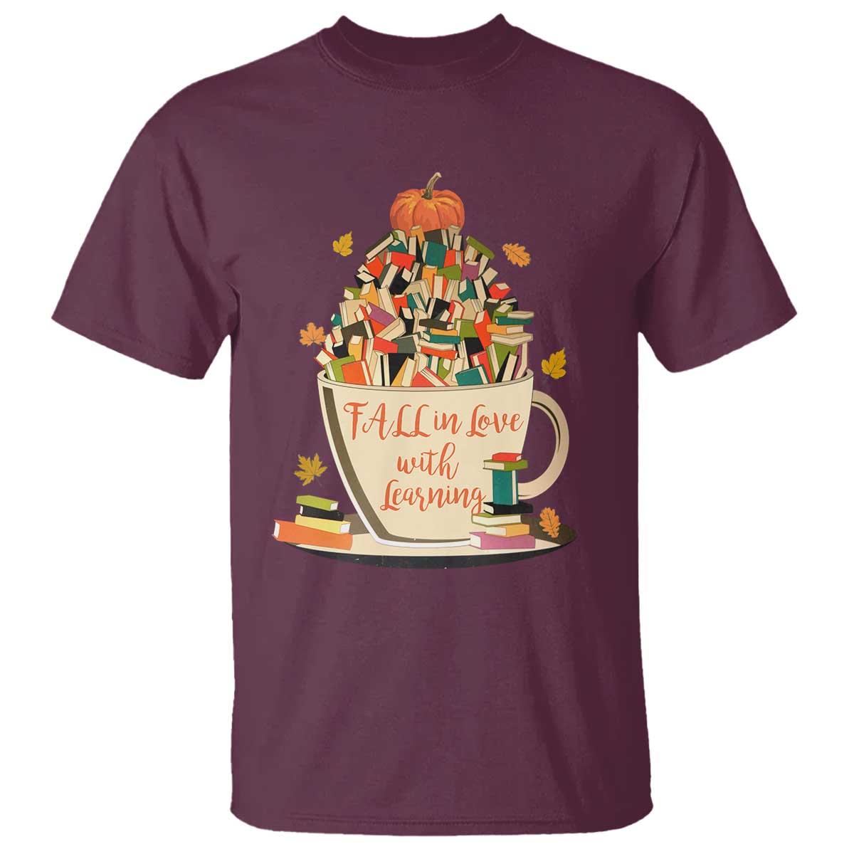 Funny Teacher T Shirt Fall In Love With Learning Autumn Pumpkin Reading Thanksgiving - Wonder Print Shop