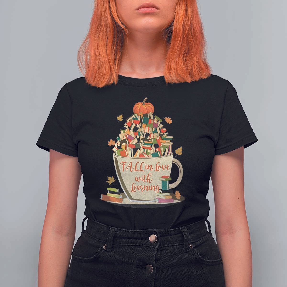 Funny Teacher T Shirt For Women Fall In Love With Learning Autumn Pumpkin Reading Thanksgiving - Wonder Print Shop