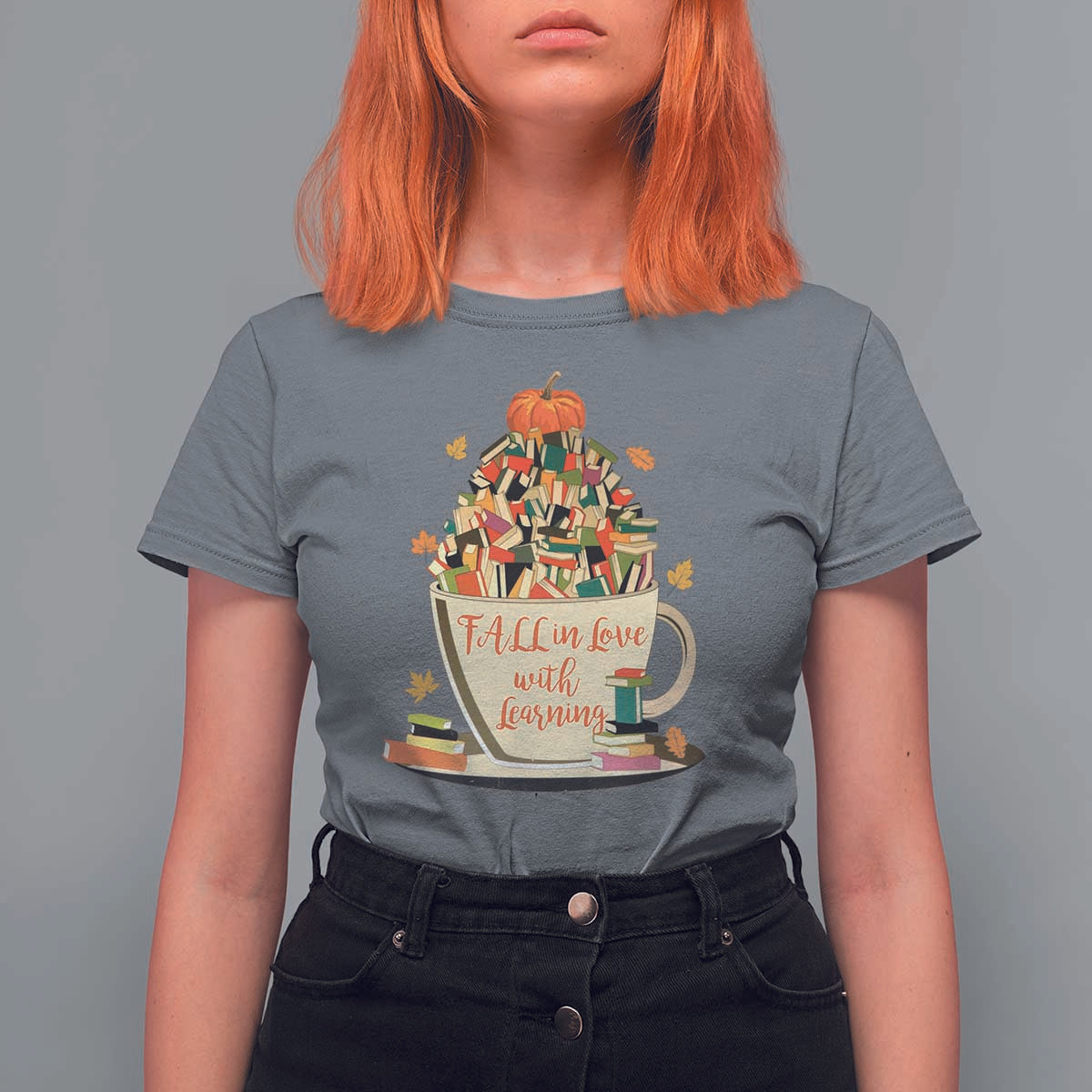 Funny Teacher T Shirt For Women Fall In Love With Learning Autumn Pumpkin Reading Thanksgiving - Wonder Print Shop