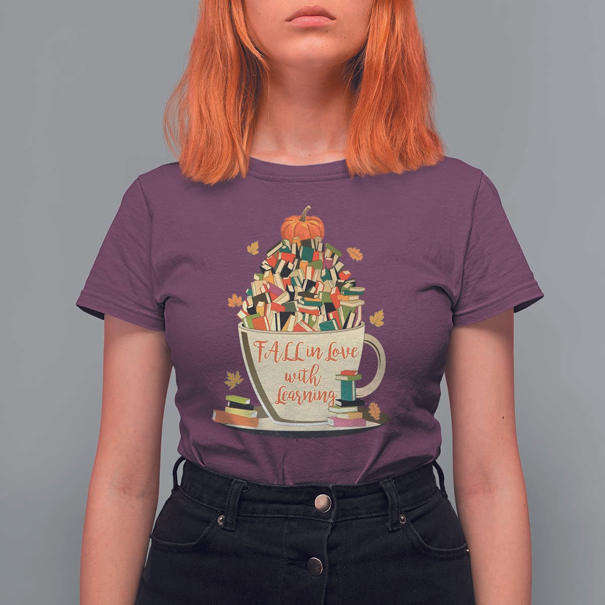 Funny Teacher T Shirt For Women Fall In Love With Learning Autumn Pumpkin Reading Thanksgiving - Wonder Print Shop