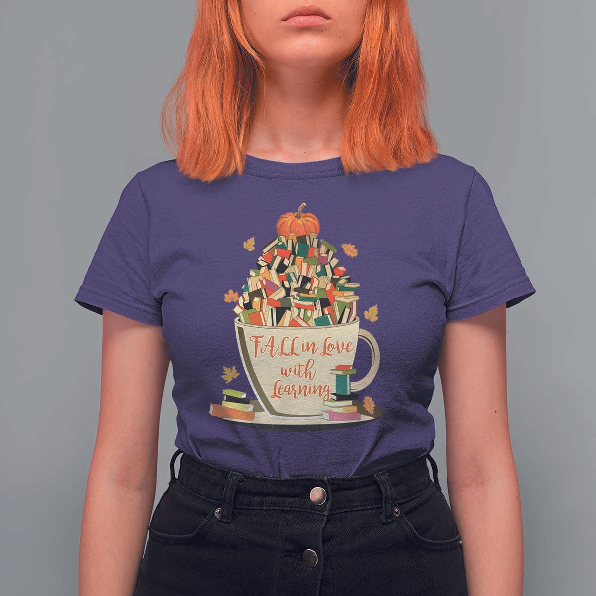 Funny Teacher T Shirt For Women Fall In Love With Learning Autumn Pumpkin Reading Thanksgiving - Wonder Print Shop