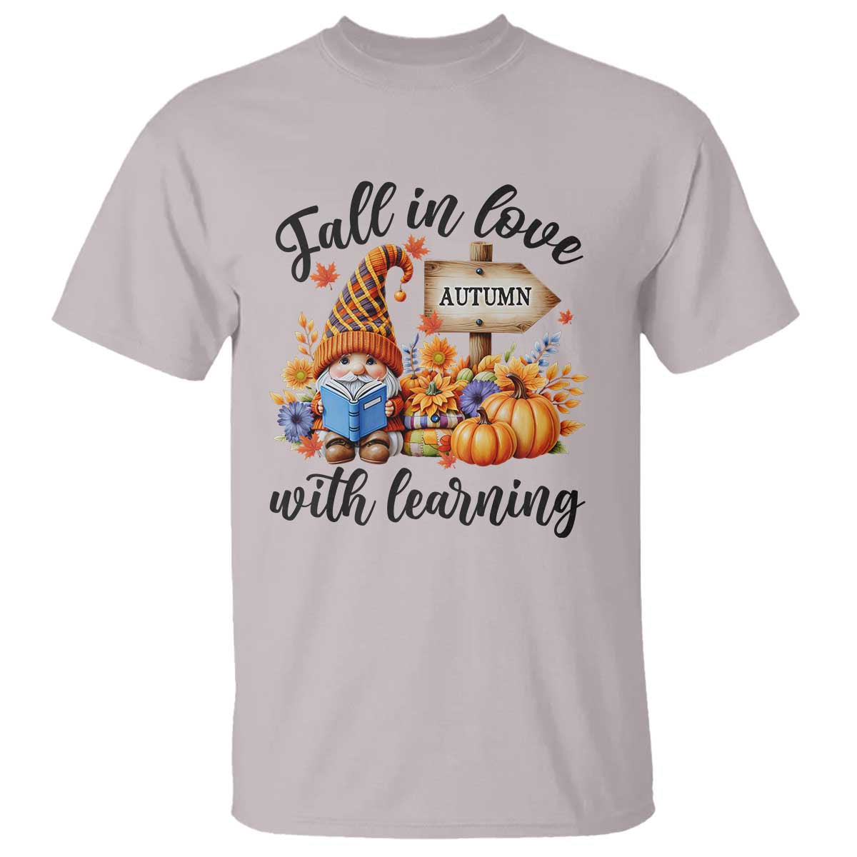 Funny Teacher T Shirt Fall In Love With Learning Autumn Pumpkin Reading Thanksgiving Gnome - Wonder Print Shop