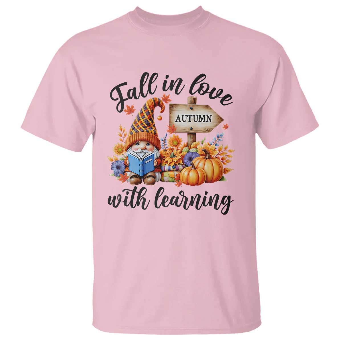 Funny Teacher T Shirt Fall In Love With Learning Autumn Pumpkin Reading Thanksgiving Gnome - Wonder Print Shop