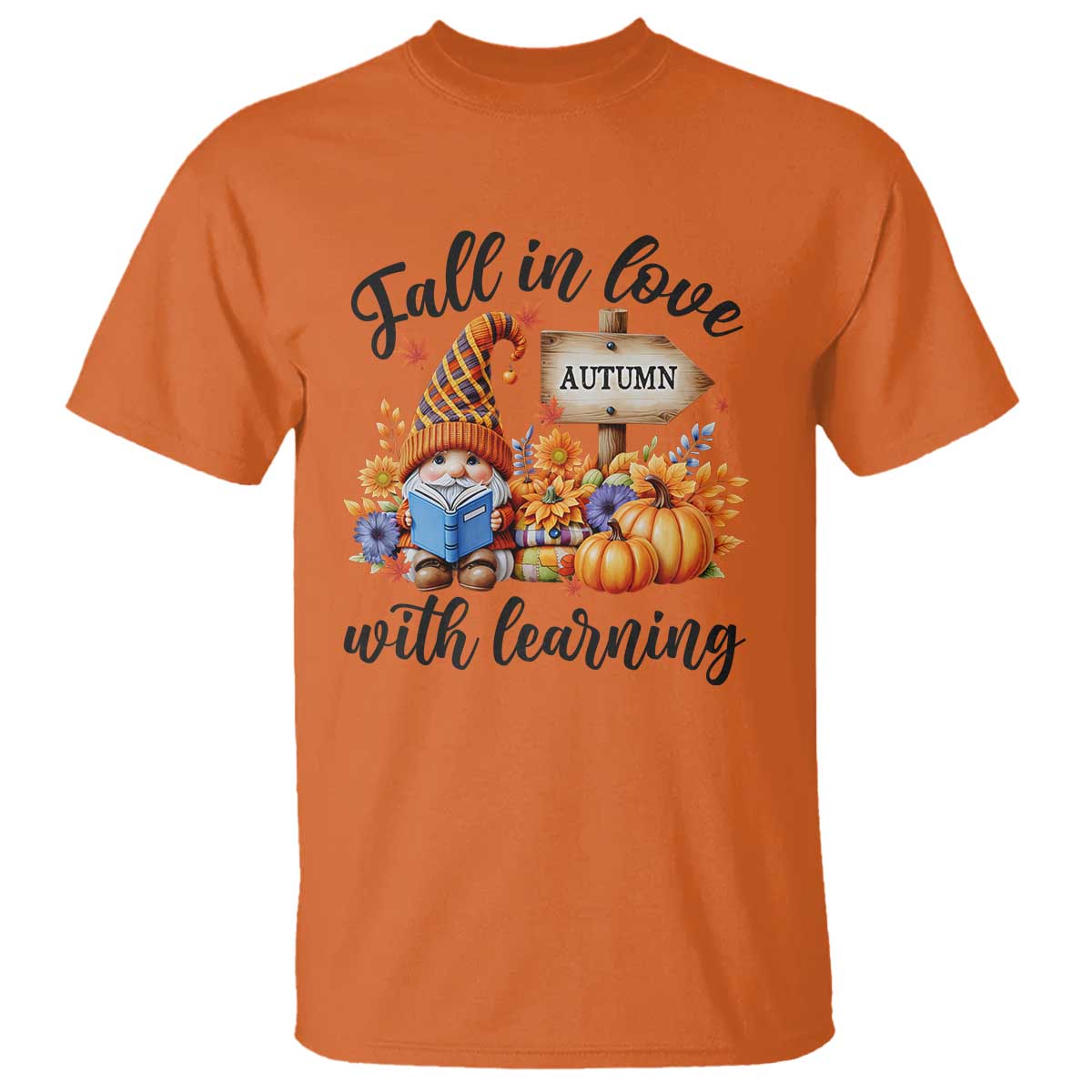 Funny Teacher T Shirt Fall In Love With Learning Autumn Pumpkin Reading Thanksgiving Gnome - Wonder Print Shop