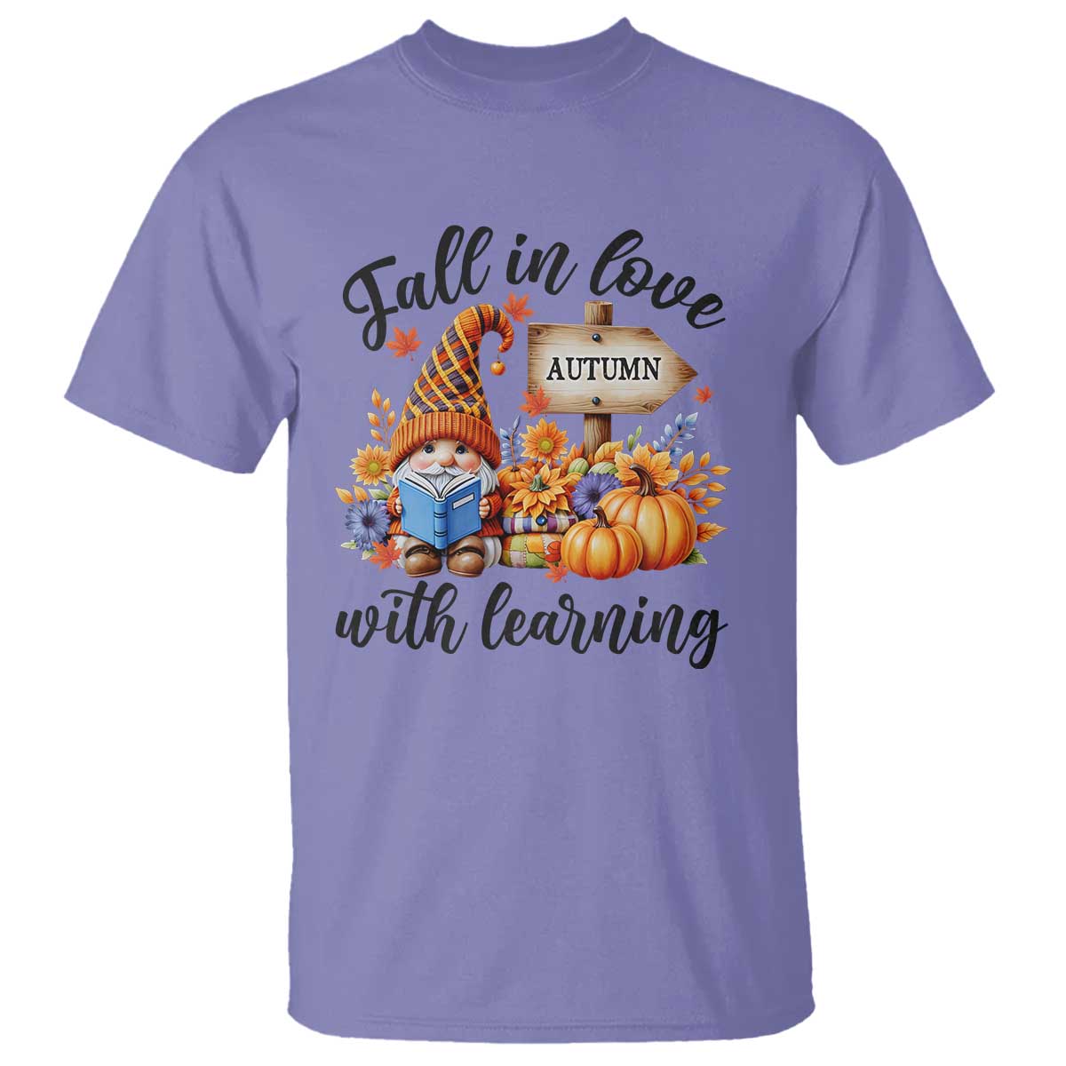 Funny Teacher T Shirt Fall In Love With Learning Autumn Pumpkin Reading Thanksgiving Gnome - Wonder Print Shop