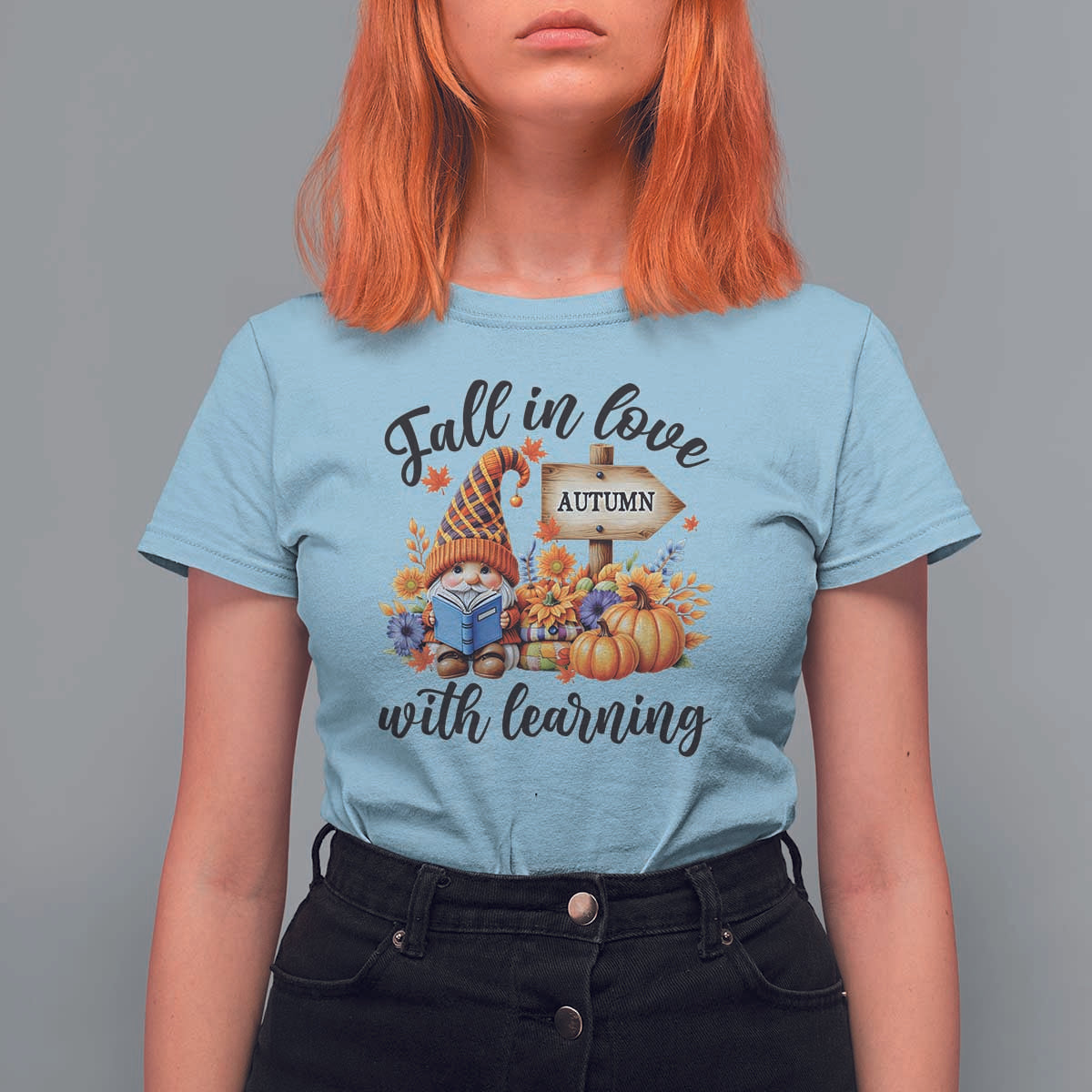 Funny Teacher T Shirt For Women Fall In Love With Learning Autumn Pumpkin Reading Thanksgiving Gnome - Wonder Print Shop