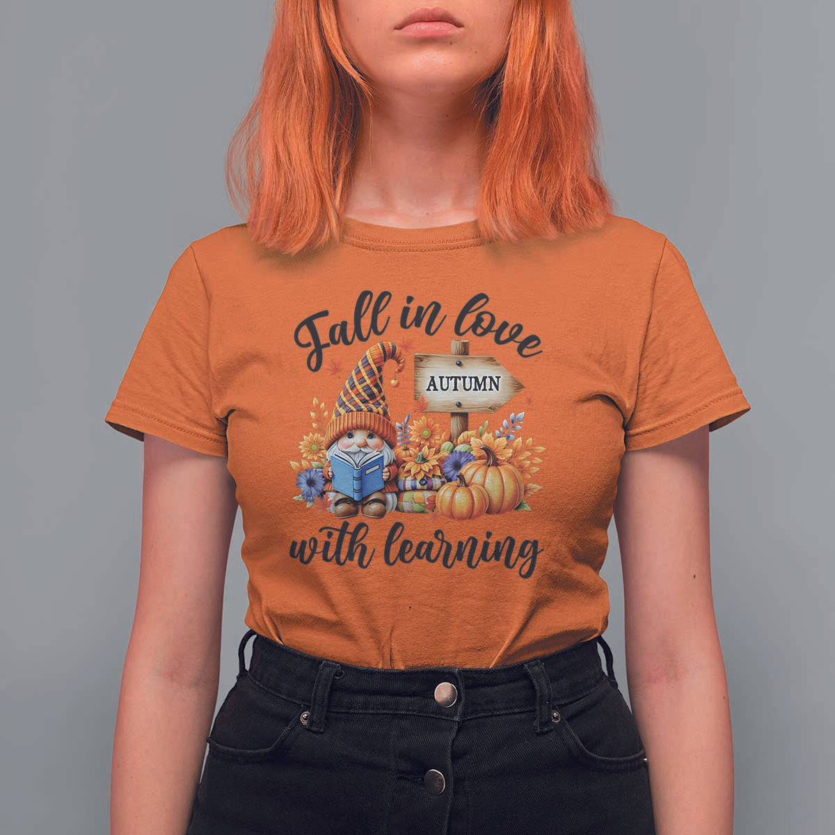 Funny Teacher T Shirt For Women Fall In Love With Learning Autumn Pumpkin Reading Thanksgiving Gnome - Wonder Print Shop