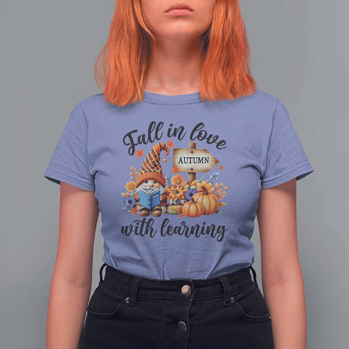 Funny Teacher T Shirt For Women Fall In Love With Learning Autumn Pumpkin Reading Thanksgiving Gnome - Wonder Print Shop