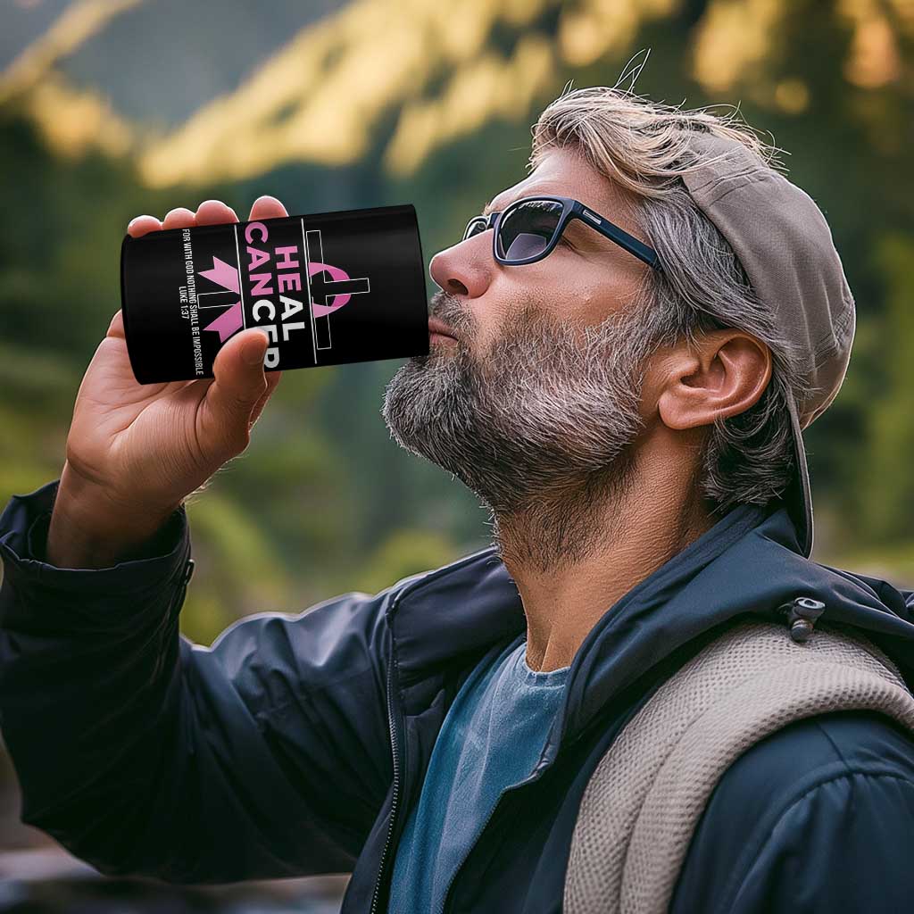 Male Breast Cancer 4 in 1 Can Cooler Tumbler He Can Heal Cancer Christian Pink Ribbon - Wonder Print Shop