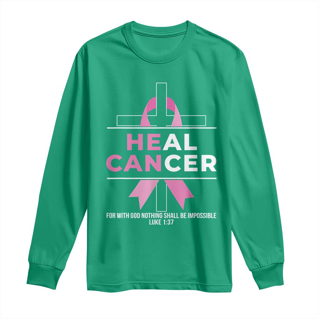 Male Breast Cancer Long Sleeve Shirt He Can Heal Cancer Christian Pink Ribbon - Wonder Print Shop