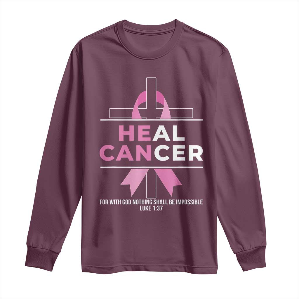 Male Breast Cancer Long Sleeve Shirt He Can Heal Cancer Christian Pink Ribbon - Wonder Print Shop