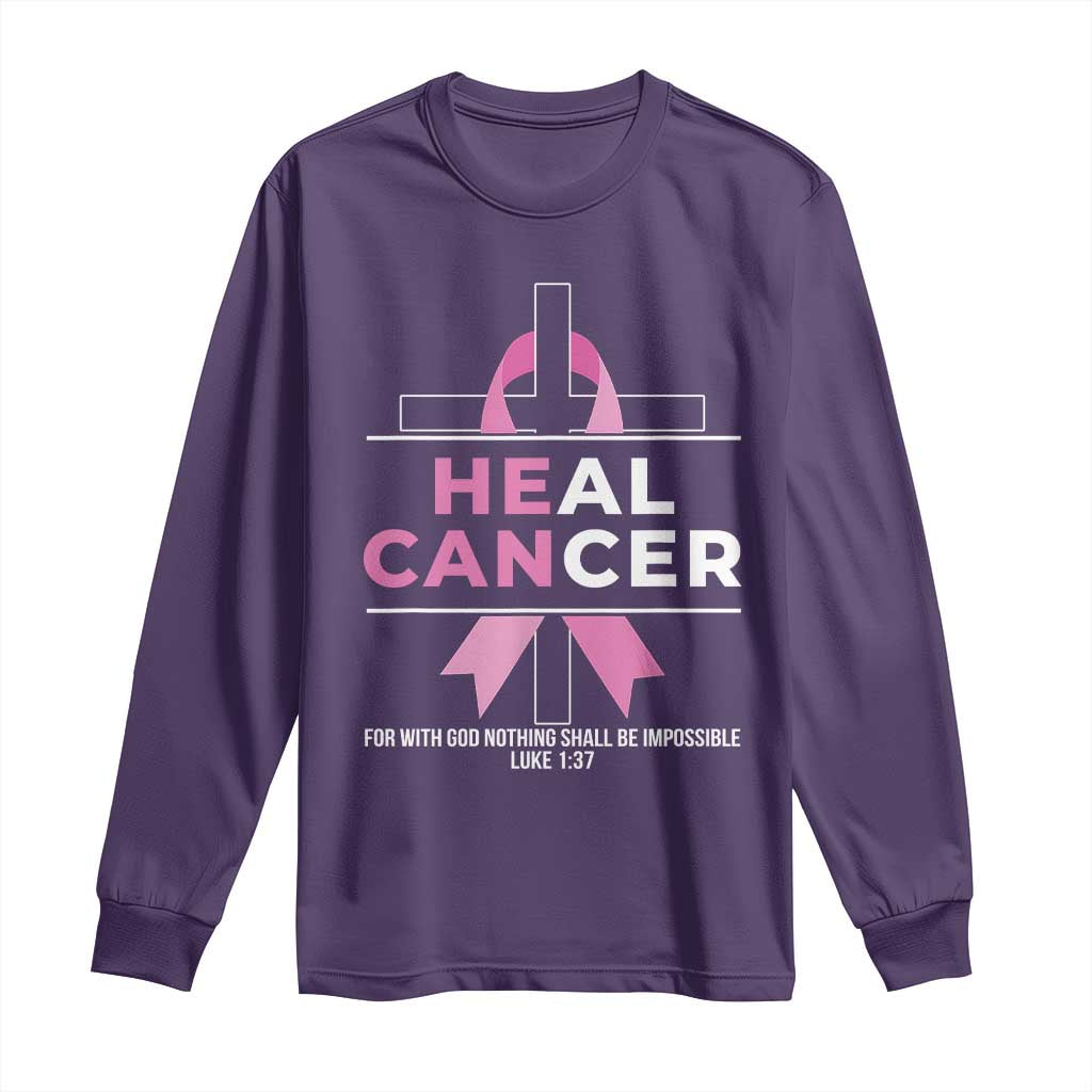 Male Breast Cancer Long Sleeve Shirt He Can Heal Cancer Christian Pink Ribbon - Wonder Print Shop