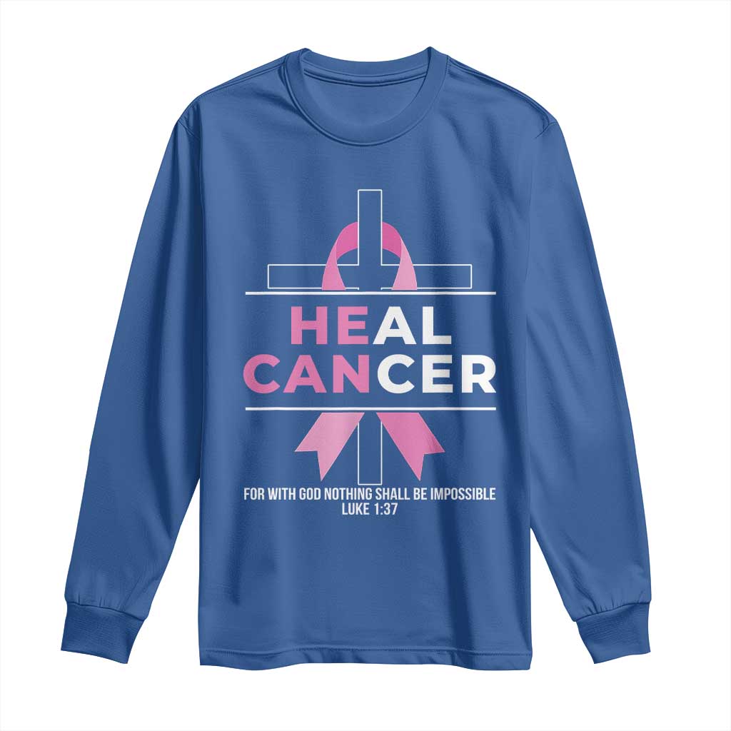 Male Breast Cancer Long Sleeve Shirt He Can Heal Cancer Christian Pink Ribbon - Wonder Print Shop