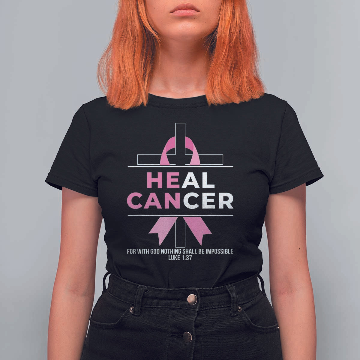 Male Breast Cancer T Shirt For Women He Can Heal Cancer Christian Pink Ribbon - Wonder Print Shop