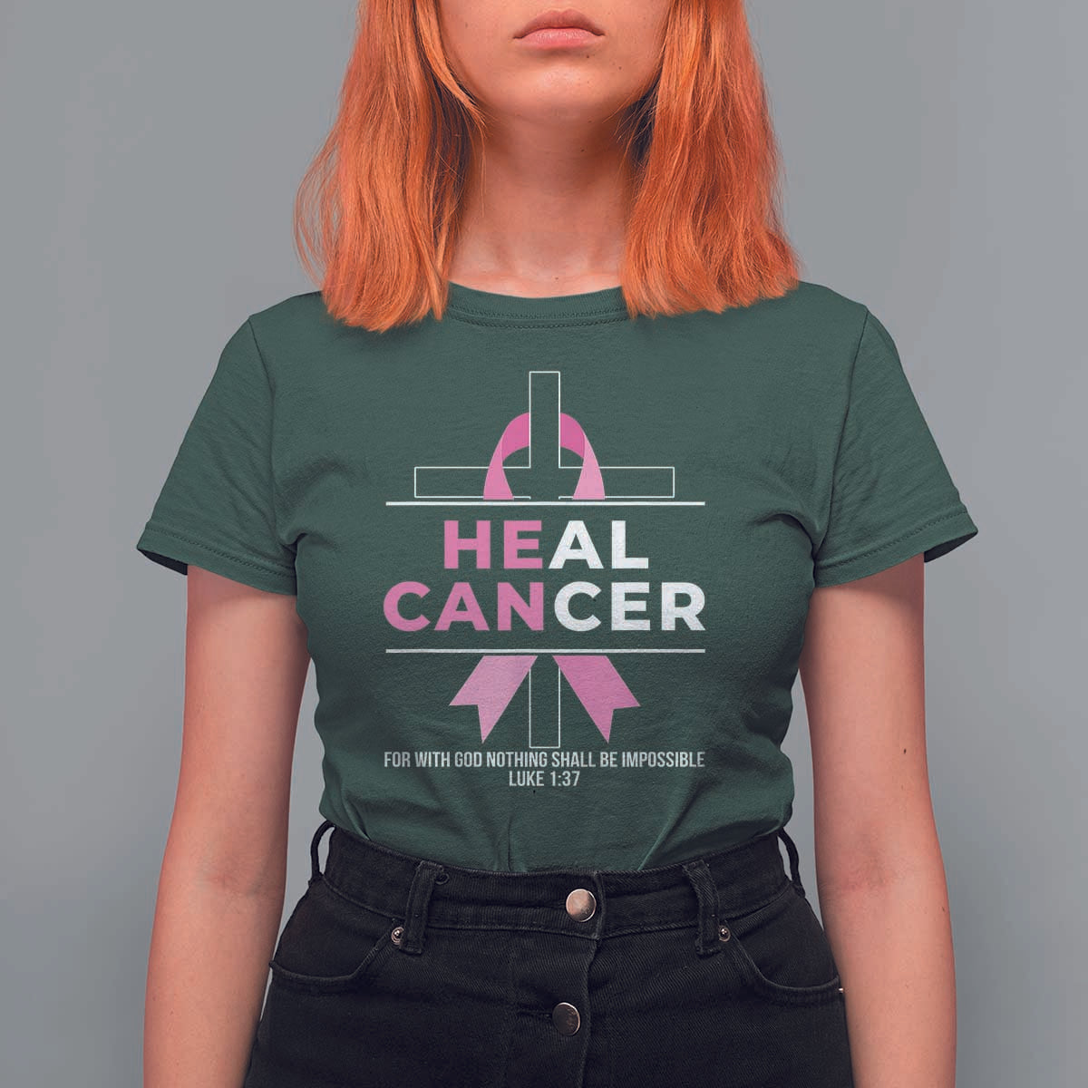 Male Breast Cancer T Shirt For Women He Can Heal Cancer Christian Pink Ribbon - Wonder Print Shop