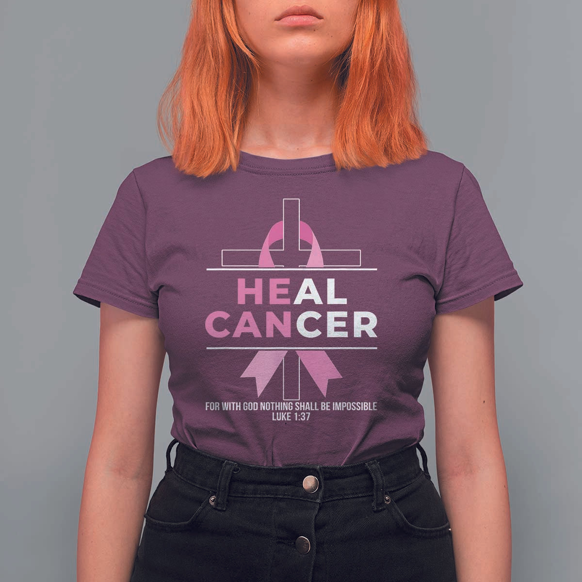 Male Breast Cancer T Shirt For Women He Can Heal Cancer Christian Pink Ribbon - Wonder Print Shop